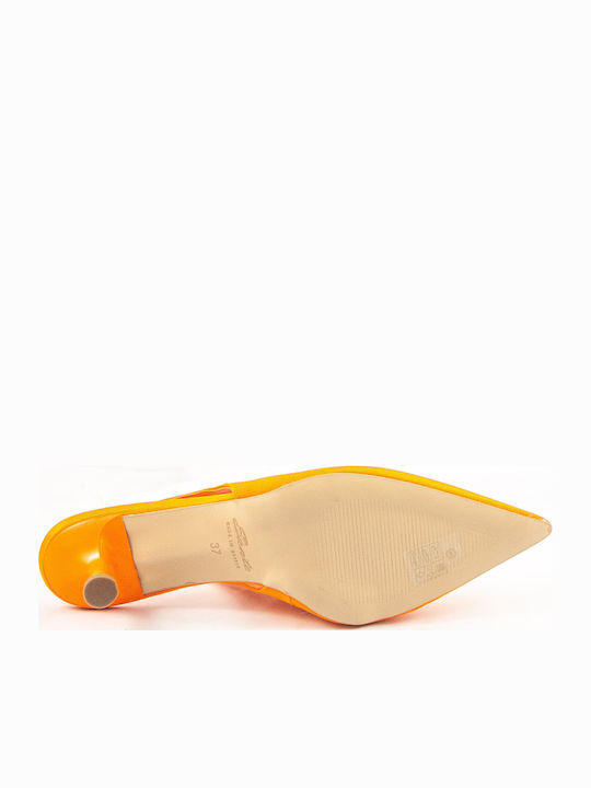 Leather Pointed Toe Orange Medium Heels with Strap