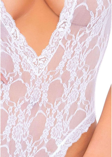 Leg Avenue Lace Deep-V Teddy & Stockings Sexy Dessous-Set Weiß 3003-4640