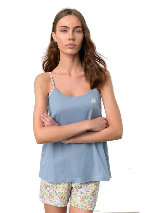 Vamp Sommer Damen Pyjama-Set Baumwolle blue