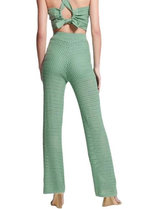 Guess Γυναικεία Ψηλόμεση Υφασμάτινη Παντελόνα με Λάστιχο σε Wide Γραμμή σε Πράσινο Χρώμα