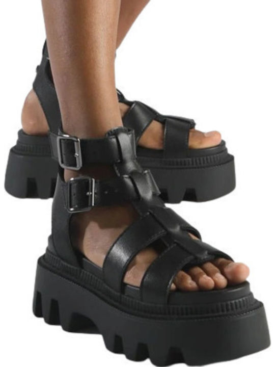 Flora Women's Flat Sandals with Strap in Black Color