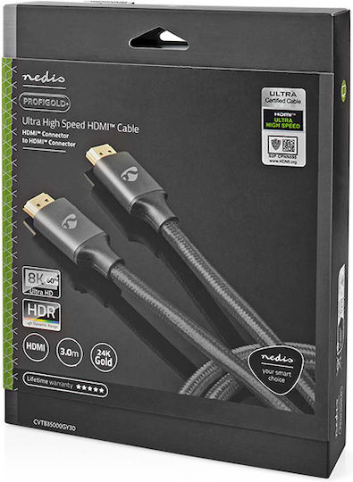 Nedis 233-2410 HDMI 2.1 Ultra High Speed 48Gbps 4K 120Hz HDR VRR Braided Cable HDMI Male - HDMI Male 3m Black