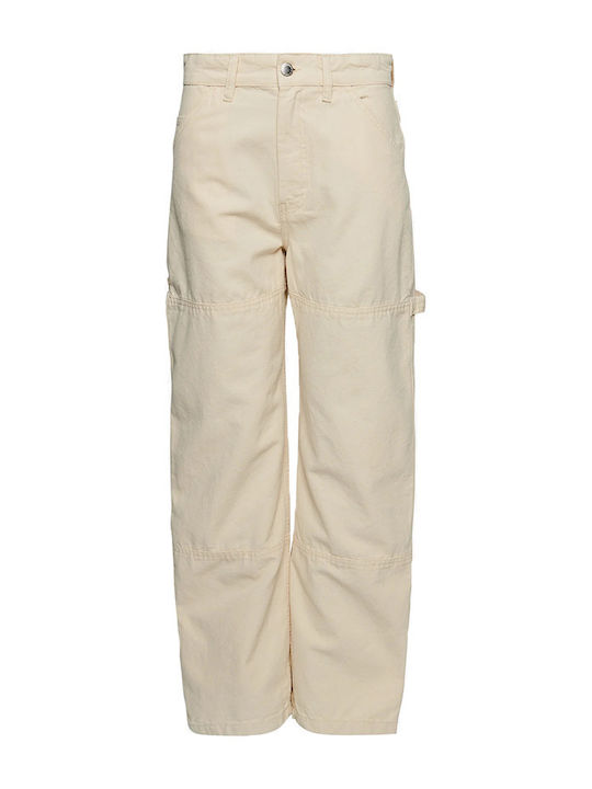 Vintage Wide Carpenter Women's Fabric Trousers Wide Line Beige