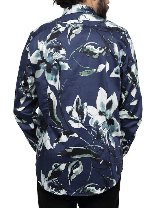 Guess Men's Shirt Long Sleeve Floral Navy Blue