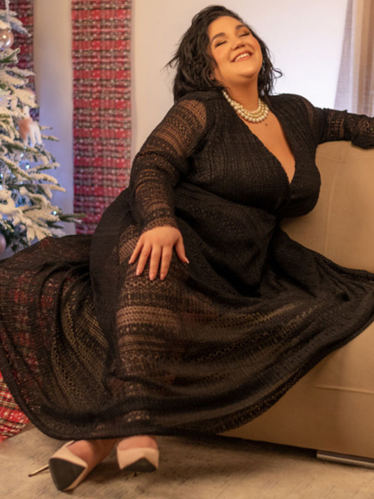 Plus Size Maxi Φόρεμα για Γάμο / Βάπτιση Κρουαζέ Μαύρο