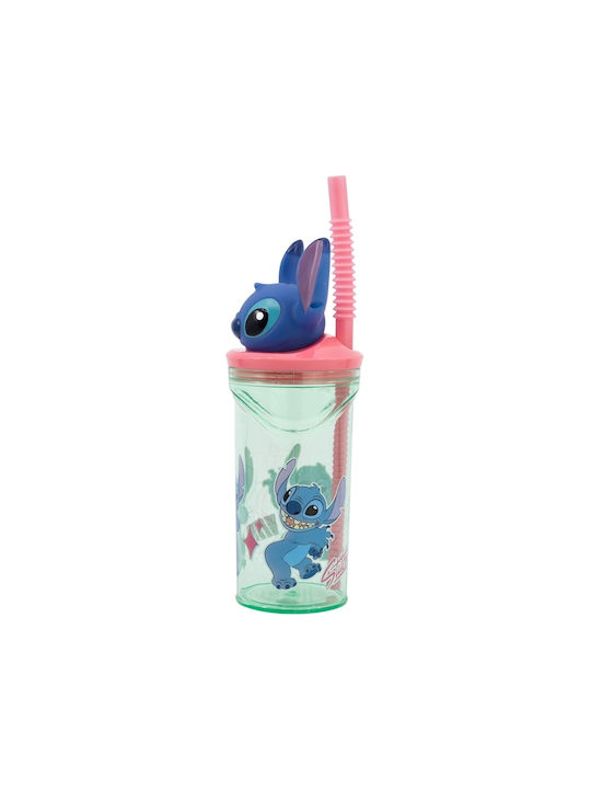 Stor Stitch Flowers Glass Water made of Plastic with straw 360ml