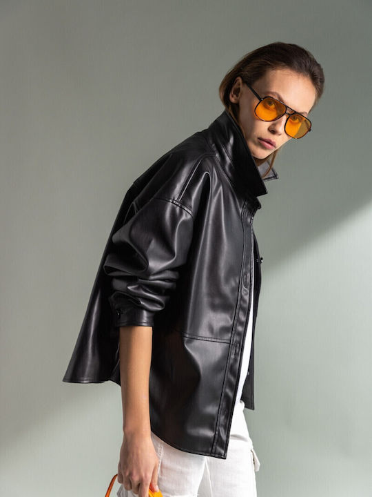 -6 Women's Short Biker Artificial Leather Jacket for Winter Black