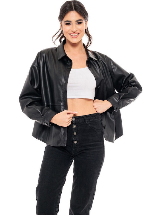 -6 Women's Short Biker Artificial Leather Jacket for Winter Black