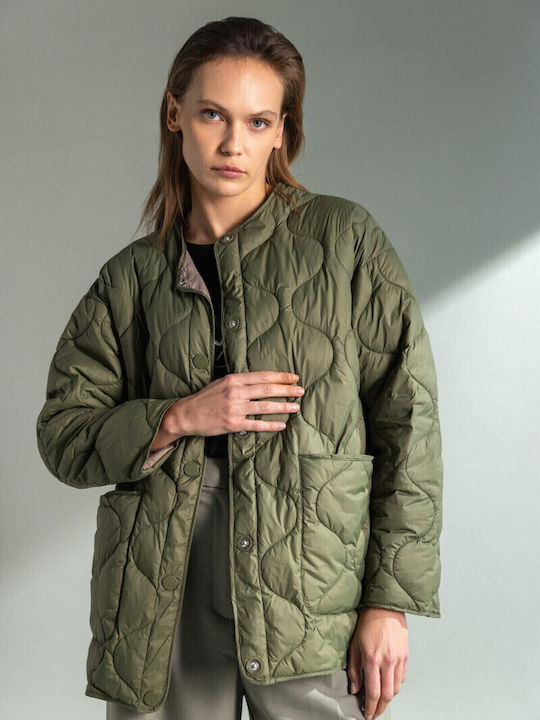 -16 Kurz Damen Puffer Jacke für Winter Khaki