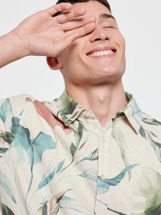 FBM007-03105 Short-sleeved Linen Shirt Floral Beige
