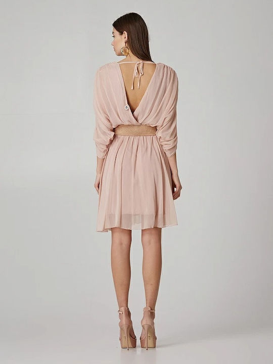 Lynne Mini Evening Dress Open Back with Tulle Powder Pink