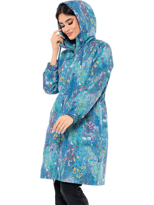 Damen Blue Printed Kurzmantel mit Reißverschluss