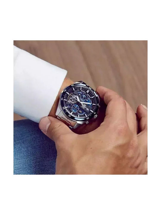 Casio Edifice Ανδρικό Ρολόι 49mm Χρονογράφος Μπαταρίας με Ασημί Μεταλλικό Μπρασελέ
