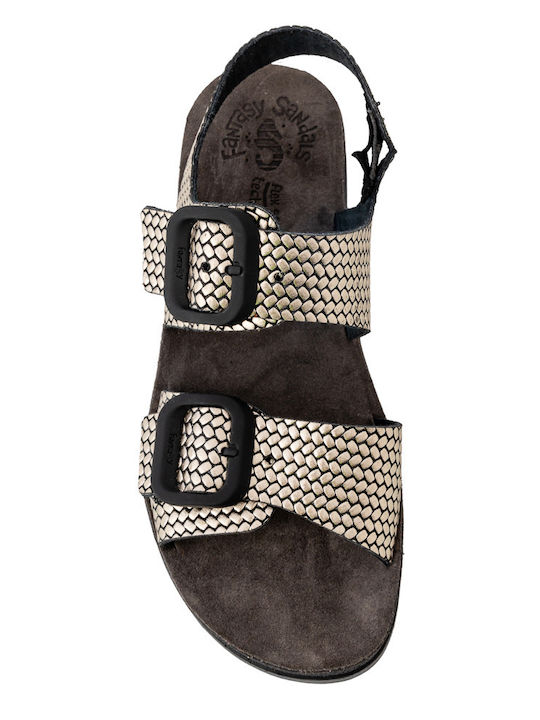 Leather Women's Flat Sandals with Strap in Gold Color