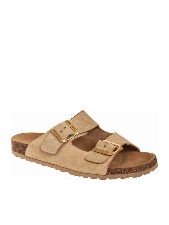 Leder Flache Sandalen für Damen in Beige Farbe