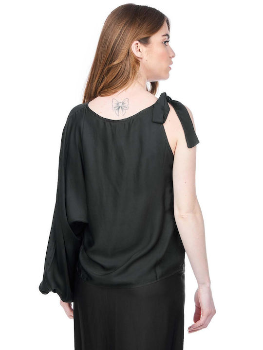 Collectiva Noir Damen Bluse Satin mit einem Schulter Schwarz