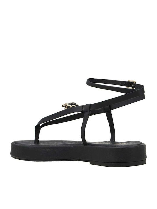 Leder Flache Sandalen für Damen Schwarz