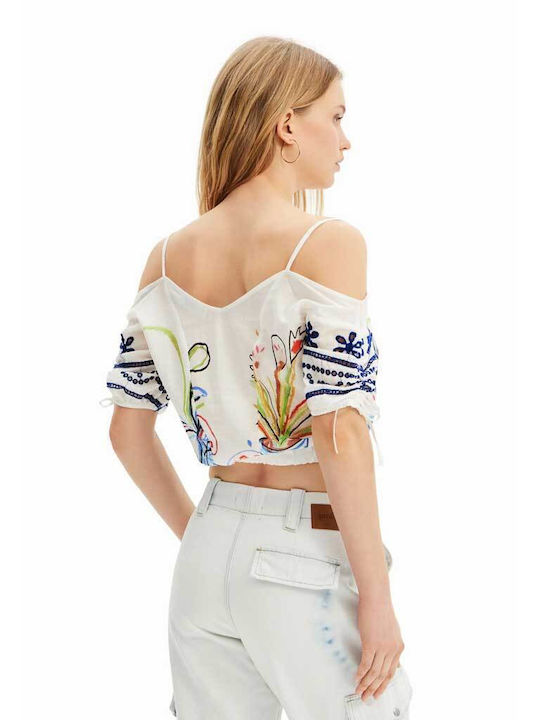 Desigual Damen Sommerliches Crop Top Schulterfrei Baumwolle Kurzärmelig mit V-Ausschnitt Weiß