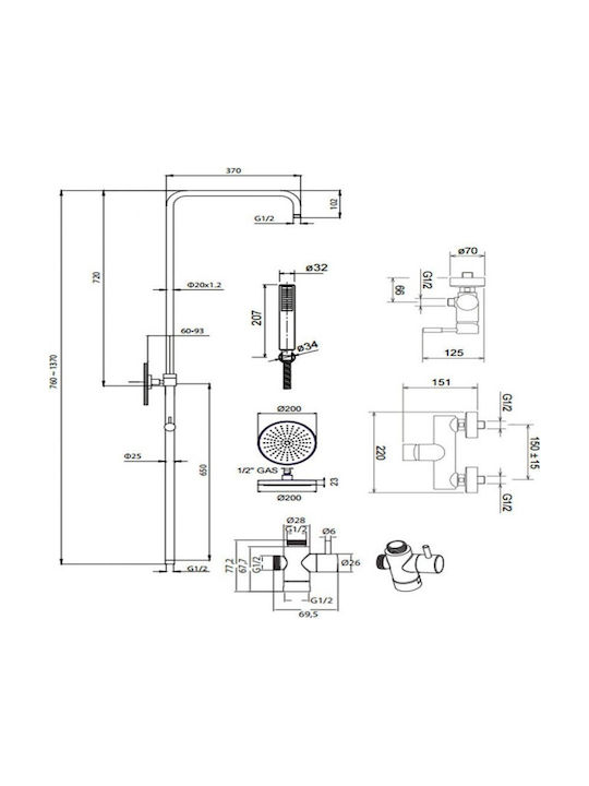 La Torre Tech 12065 Ρυθμιζόμενη Στήλη Ντουζ με Μπαταρία 83-144cm Χάλκινη