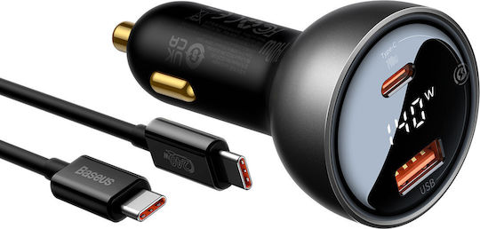 Baseus Φορτιστής Αυτοκινήτου 140W 5A Γρήγορης Φόρτισης με Θύρες: 1xUSB 1xType-C και Βολτόμετρο Μαύρο Χρώμα