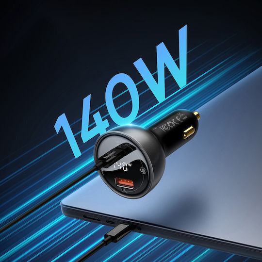 Baseus Φορτιστής Αυτοκινήτου 140W 5A Γρήγορης Φόρτισης με Θύρες: 1xUSB 1xType-C και Βολτόμετρο Μαύρο Χρώμα