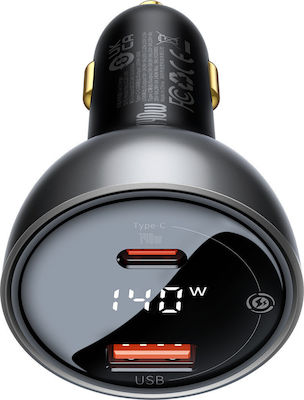 Baseus Car Charger Black Total Intensity 5A Fast Charging with Ports: 1xUSB 1xType-C and Battery Voltmeter