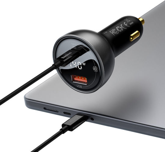 Baseus Φορτιστής Αυτοκινήτου 140W 5A Γρήγορης Φόρτισης με Θύρες: 1xUSB 1xType-C και Βολτόμετρο Μαύρο Χρώμα
