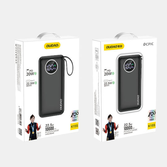 Dudao K15 sB Външна Батерия 10000mAh 22.5W с USB-A Изходен Порт и USB-C Изходен Порт Power Delivery Черна