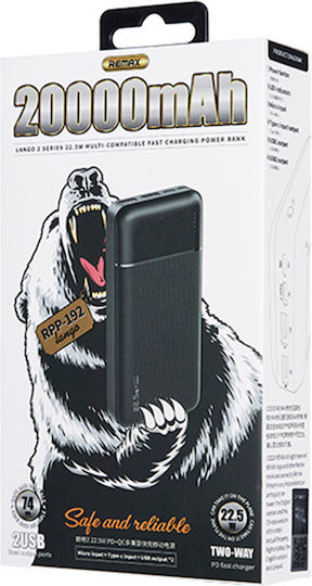 Remax RPP-192 Power Bank 20000mAh 22.5W με 2 Θύρες USB-A και Θύρα USB-C Power Delivery / Quick Charge 3.0 Μαύρο