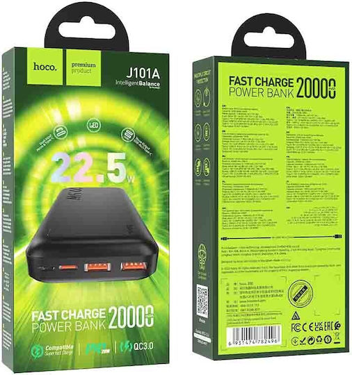 Hoco J101A Astute Power Bank 20000mAh 20W με 2 Θύρες USB-A και Θύρα USB-C Power Delivery / Quick Charge Μαύρο