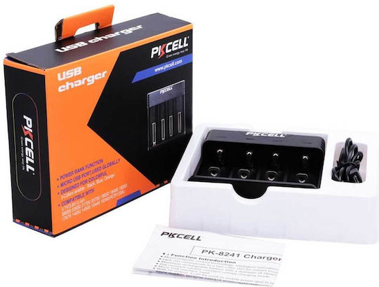 Pkcell PK-8241 USB Charger 4 Batteries Li-ion Size 18650/16340/26650/14500