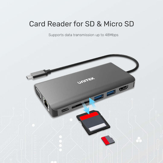 Unitek uHUB O8+ USB-C Docking Station με HDMI 4K PD Ethernet και σύνδεση 2 Οθονών Ασημί