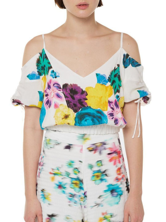 Desigual Bernadette Top de Damă de Vară Crop Bluză cu umerii goi cu Mânecă Scurtă Floral Alb