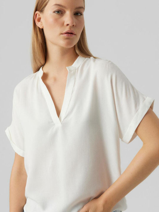 Damen Sommer Bluse Baumwolle Kurzärmelig mit V-Ausschnitt Snow White