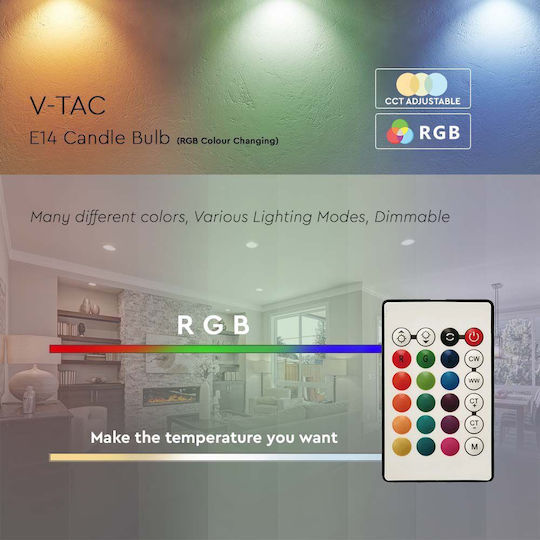 V-TAC Bec Smart LED 4.8W pentru Dulie E14 RGB 470lm Reglabil în intensitate