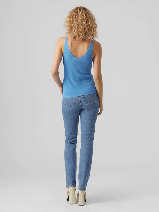 Women's Summer Blouse Cotton Sleeveless with V Neckline Light Blue