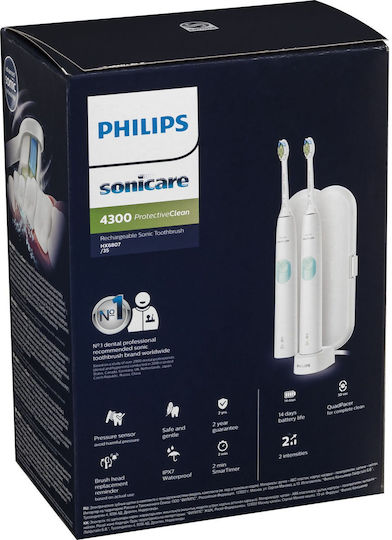 Philips Sonicare Protective Clean 4300 Електрическа Четка за Зъби с Таймер и Калъф за Пътуване Бял