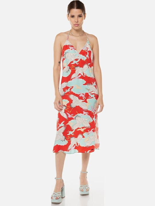 Summer Midi Slip Dress with Tearing Red
