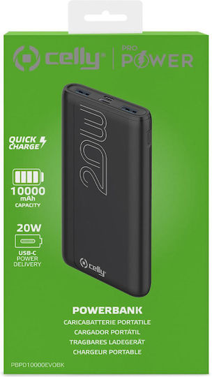 Celly Power Bank 10000mAh 20W с 2 USB-A порта и USB-C порт Power Delivery Черен