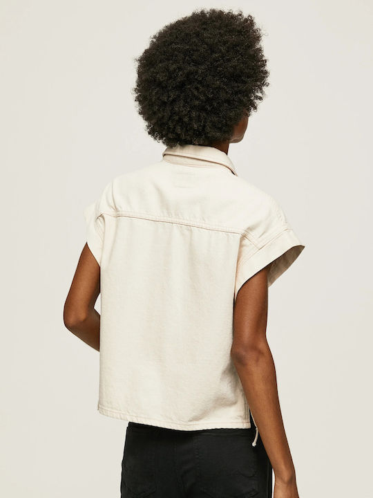 Pepe Jeans Women's Denim Monochrome Short Sleeve Shirt Beige
