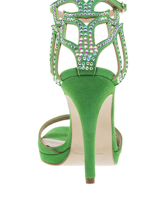 Mourtzi Suede Women's Sandals with Thin High Heel In Green Colour