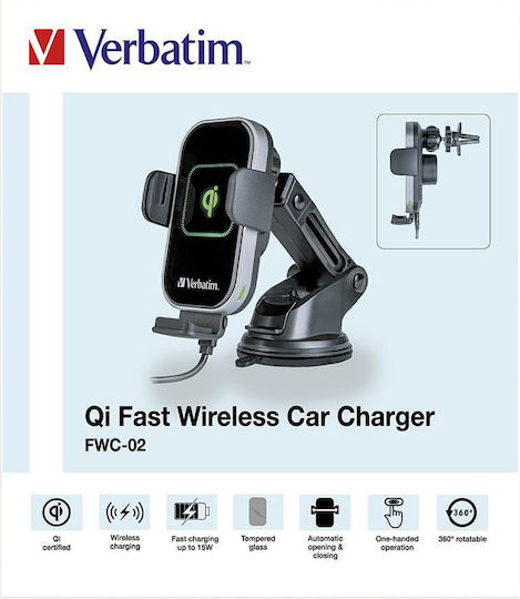 Verbatim FWC-02 Car Mobile Mount with Adjustable Hooks and Wireless Charging Black