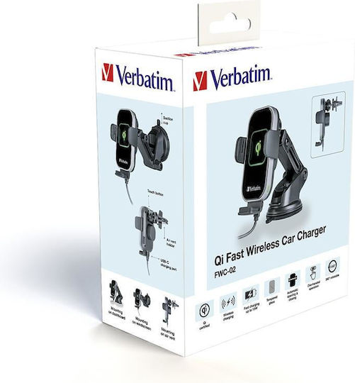 Verbatim FWC-02 Car Mobile Mount with Adjustable Hooks and Wireless Charging Black