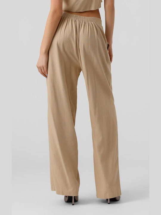 Vero Moda Women's High-waisted Fabric Trousers in Wide Line Beige