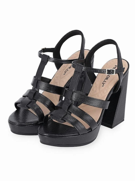 Piccadilly Leder Damen Sandalen Anatomisch mit Chunky hohem Absatz in Schwarz Farbe