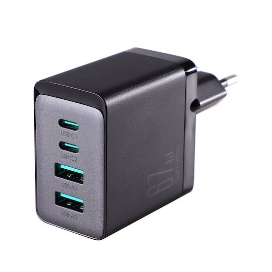 Joyroom Charger GaN with 2 USB-A Ports and 2 USB-C Ports and Cable USB-C - USB-C 67W Power Delivery Blacks (TCG02)