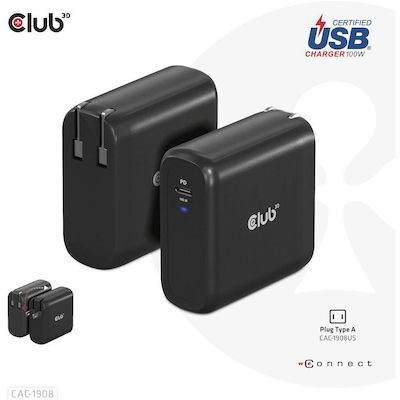 Club3D Ladegerät ohne Kabel GaN mit USB-C Anschluss 100W Stromlieferung Schwarzs (CAC-1908EU)