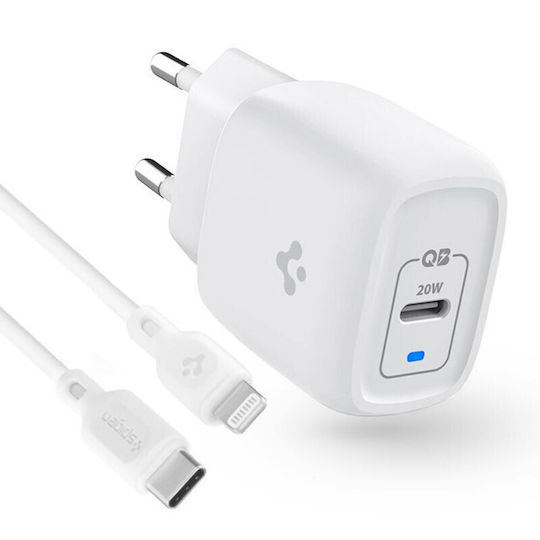 Spigen Φορτιστής με Θύρα USB-C και Καλώδιο Lightning 20W Power Delivery Λευκός (PowerArc PE2C10CL)