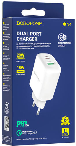 Borofone Wireless Charger With USB-A Output Port And USB-C Output Port 20W Power Delivery Quick Charge 2.0 White BN4