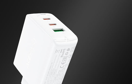 Acefast Wireless Charger GaN With USB-A Port And 2 USB-C Ports 65W Power Delivery Quick Charge 2.0 Quick Charge 3.0 Quick Charge 4+ White